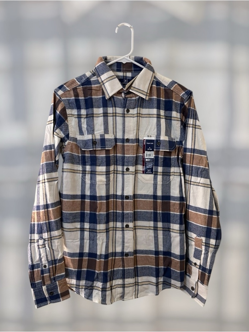 George Super Soft Flannel Shirt Blue Tan Plaid Button Up Mens SMALL 34-36 NEW